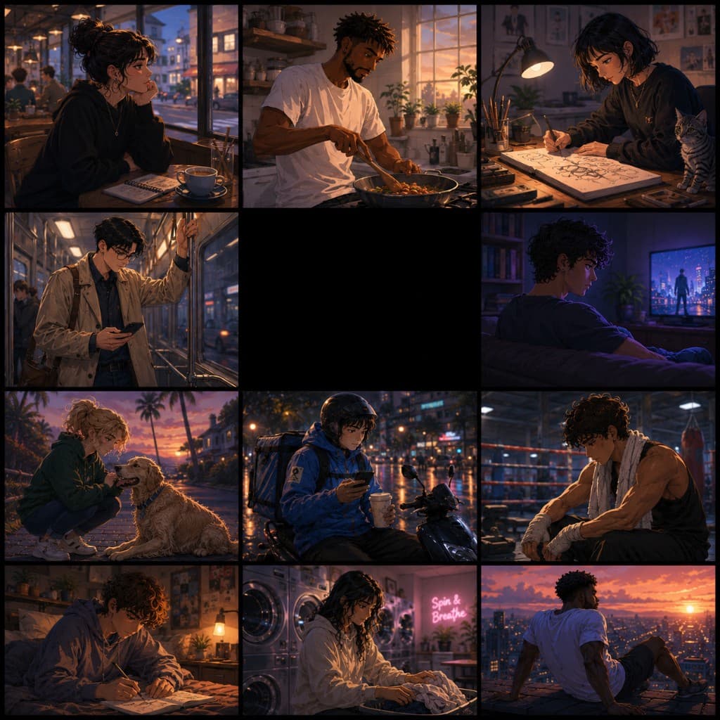 A mosaic of twelve panels showing strangers' lives. One panel is completely dark.